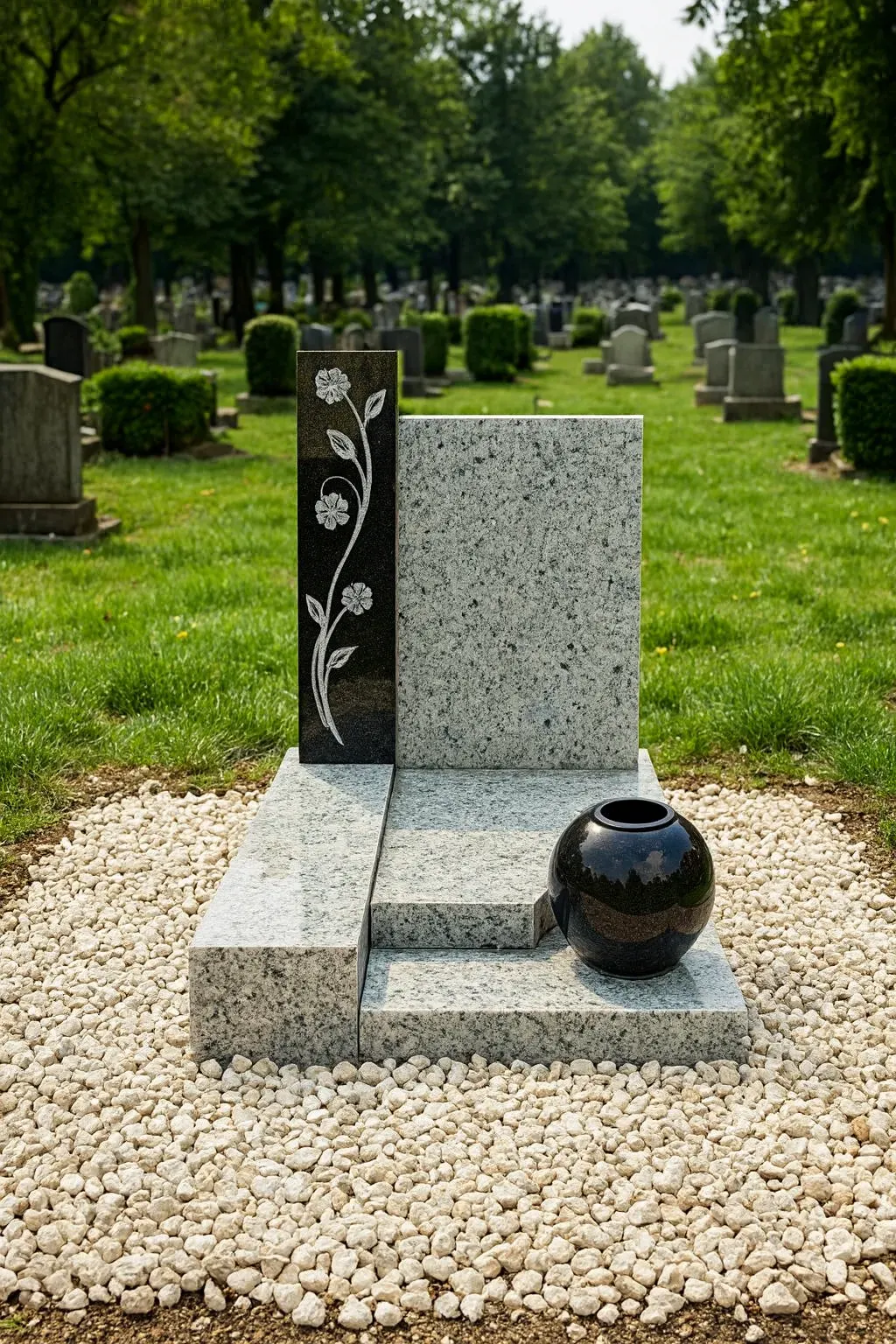 Monument cinéraire en granit clair avec stèle en granit noir gravée d'un motif végétal