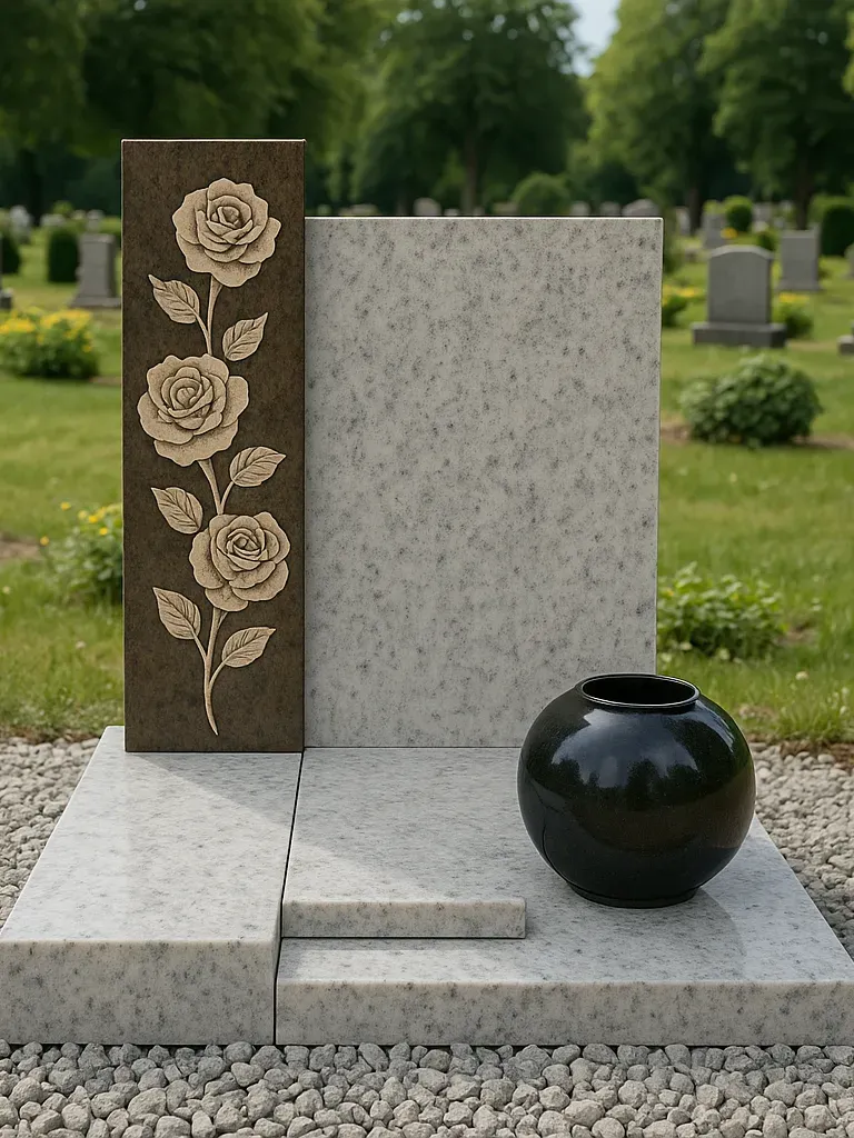 Petit monument cinéraire moderne en granit clair avec stèle gravée de roses et vase funéraire