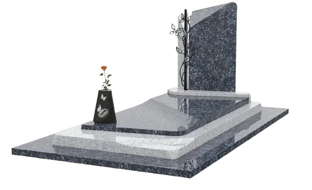 Modélisation 3D d'un monument funéraire sur mesure en granit bleu nuit et gris avec vase et fleur